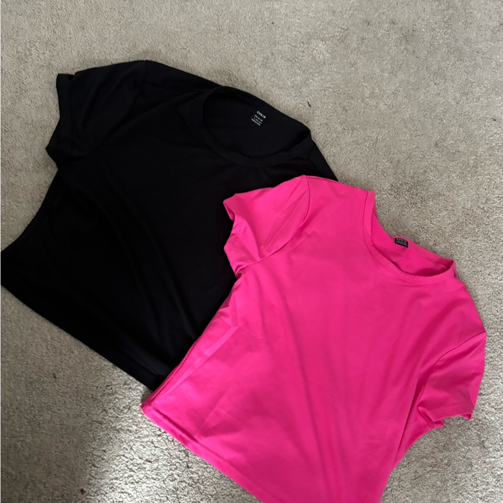 SHEIN Pink and Black Fitted Crop Top T-Shirt